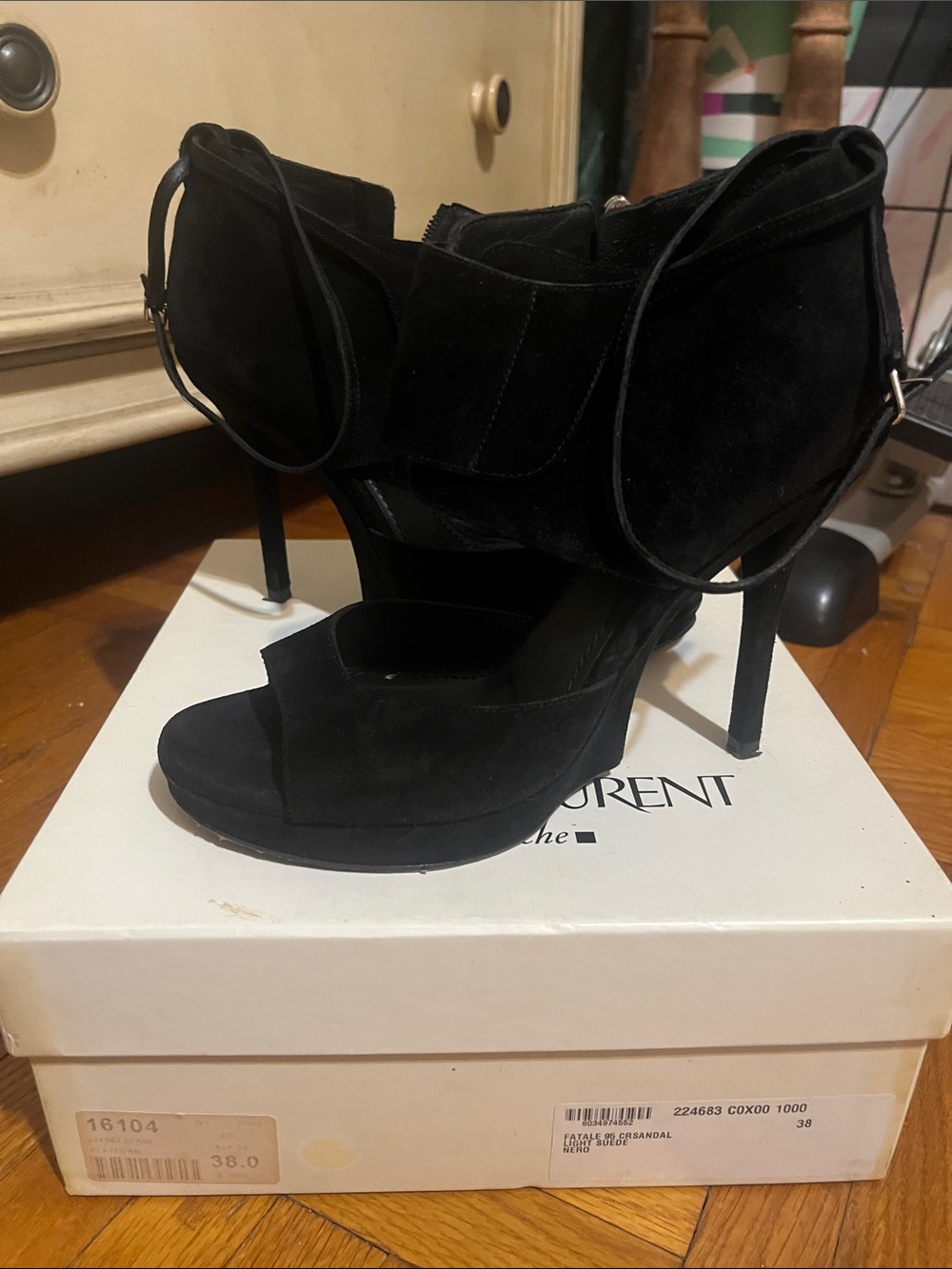 Yves Saint Laurent Fatale 95 Suede Platform Sandal Heels